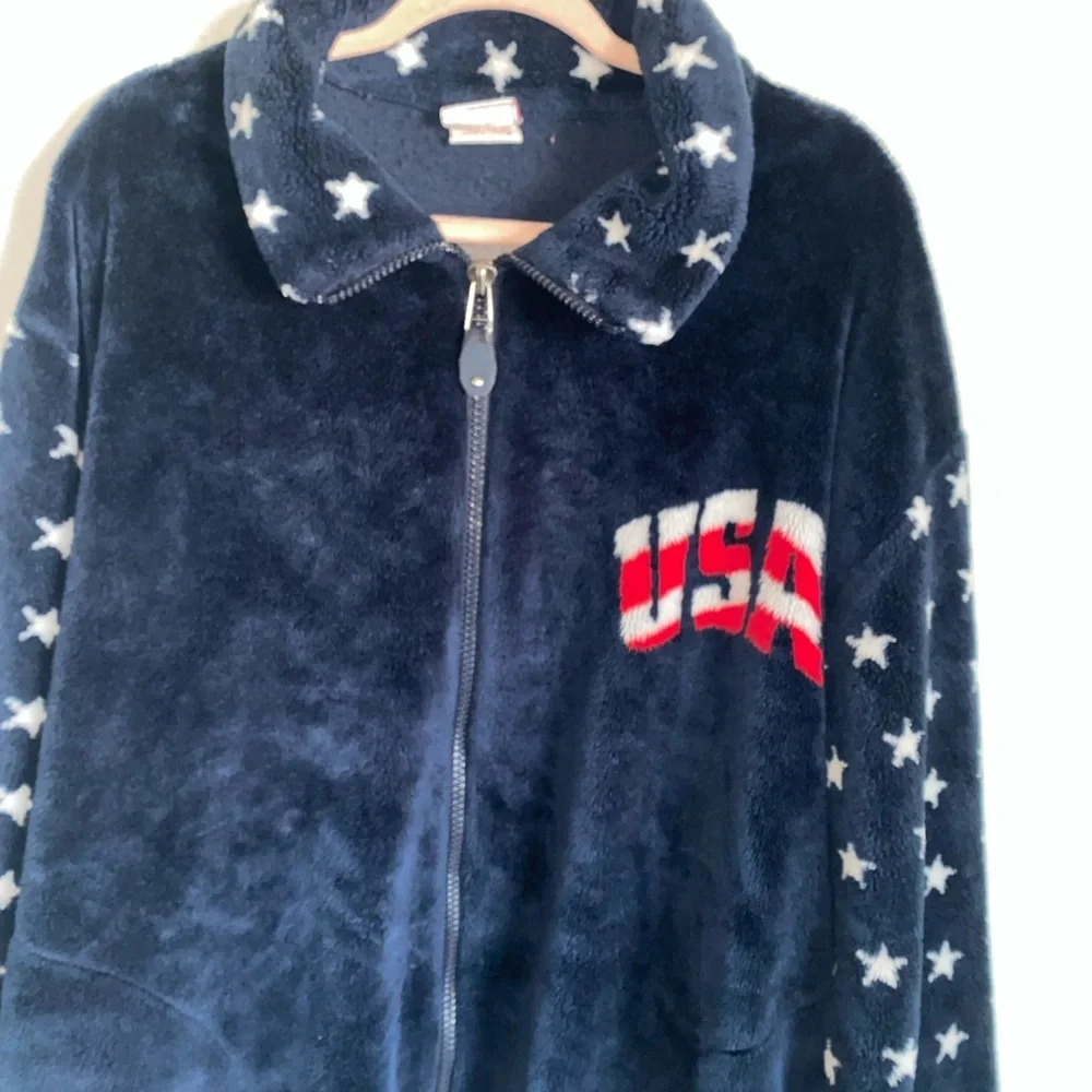 Vintage USA Logo Flag Patriotic Fleece Red White Blue Zip Up Graphic Jacket L